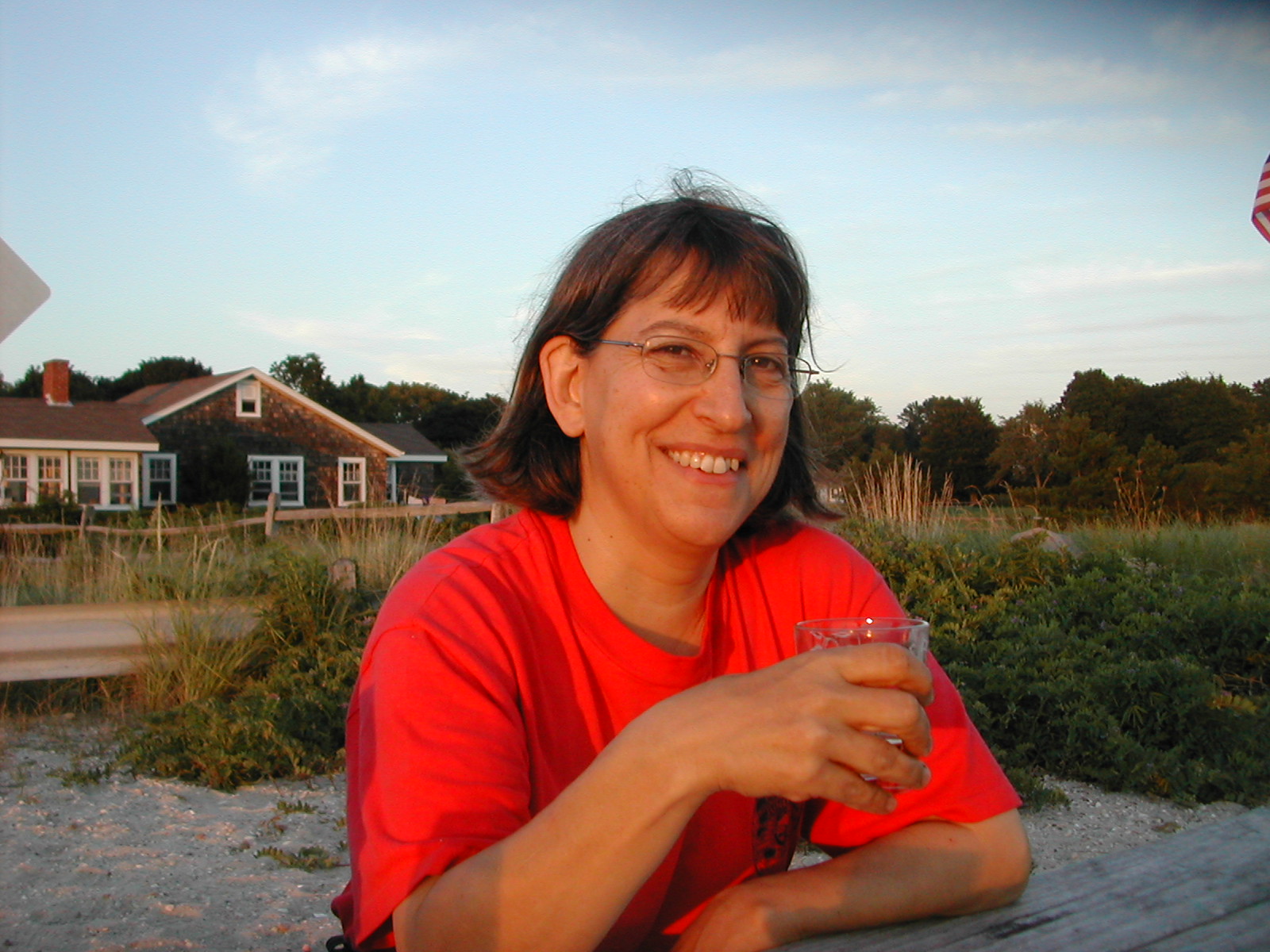 S.J. Rozan, a woman in a red t-shirt, is sitting at a table, forearms resting upon it, and holding a cup. She has short brown hair with bangs, round glasses, a medium skin tone, and is facing the camera. 