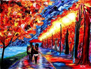 John Bramblitt’s painting ‘Shared Moments’ drifting a couple walking in the rain