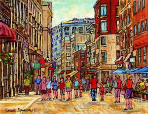 A painting of people strolling through a cityscape of Rue St. Paul, Vieux by Carole Spanday